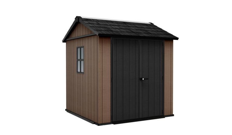 Casetta da Giardino Marrone Nero Resistente Agli Agenti Atmosferici Presenza Finestre 230x224x246h cm, Tetto a due Falde - Oneonta