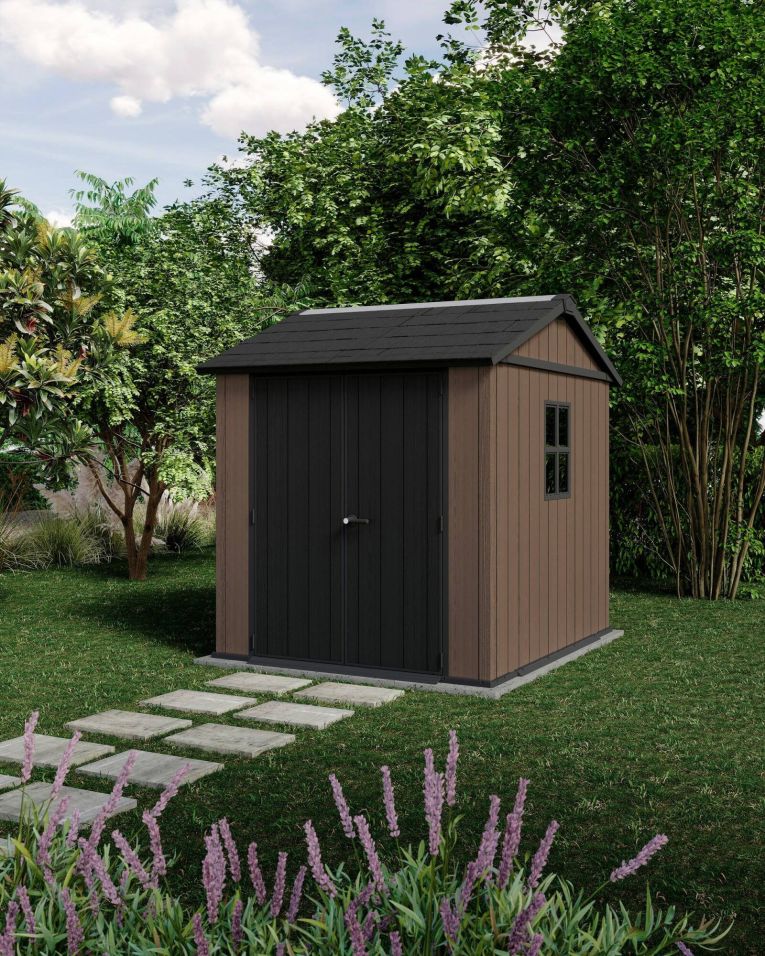 Casetta da Giardino Marrone Nero Resistente Agli Agenti Atmosferici Presenza Finestre 230x224x246h cm, Tetto a due Falde - Oneonta