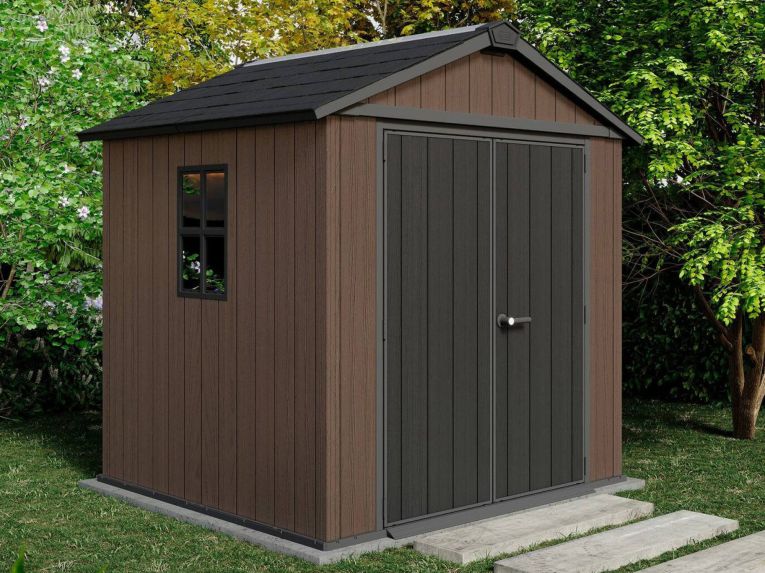Casetta da Giardino Marrone Nero Resistente Agli Agenti Atmosferici Presenza Finestre 230x224x246h cm, Tetto a due Falde - Oneonta