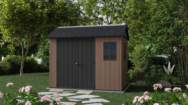Casetta da Giardino Marrone Nero Resistente Agli Agenti Atmosferici Presenza Finestre 230x287x246h cm, Tetto a due Falde - Perham