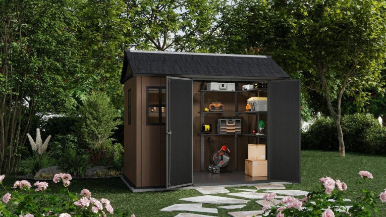 Casetta da Giardino Marrone Nero Resistente Agli Agenti Atmosferici Presenza Finestre 230x287x246h cm, Tetto a due Falde - Perham