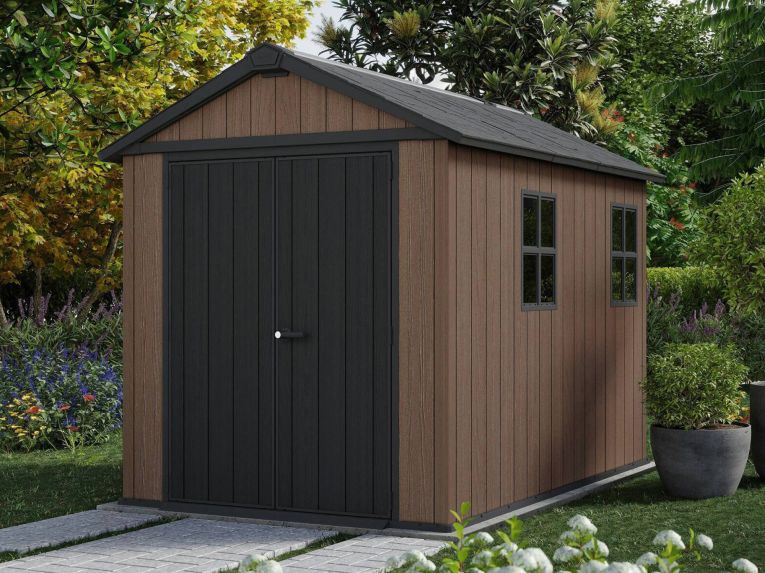 Casetta da Giardino Marrone Nero Resistente Agli Agenti Atmosferici Presenza Finestre 230x287x246h cm, Tetto a due Falde - Perham