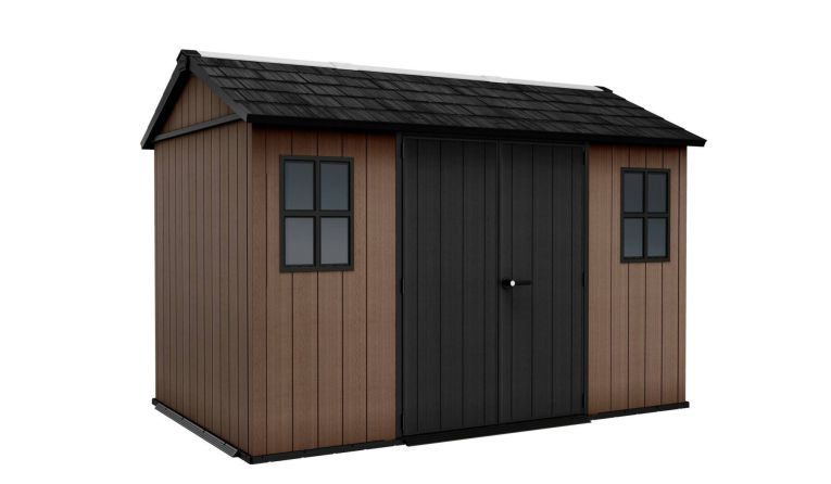 Casetta da Giardino Marrone Nero Resistente Agli Agenti Atmosferici Presenza Finestre 230x350x246h cm, Tetto a due Falde - Rockport