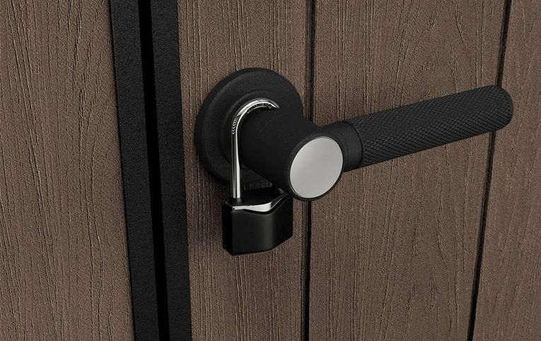 Casetta da Giardino Marrone Nero Resistente Agli Agenti Atmosferici Presenza Finestre 230x350x246h cm, Tetto a due Falde - Rockport