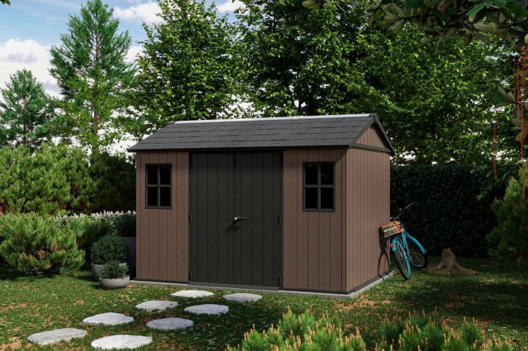 Casetta da Giardino Marrone Nero Resistente Agli Agenti Atmosferici Presenza Finestre 230x350x246h cm, Tetto a due Falde - Rockport
