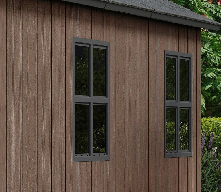 Casetta da Giardino Marrone Nero Resistente Agli Agenti Atmosferici Presenza Finestre 230x350x246h cm, Tetto a due Falde - Rockport