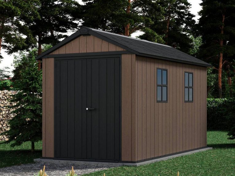 Casetta da Giardino Marrone Nero Resistente Agli Agenti Atmosferici Presenza Finestre 230x350x246h cm, Tetto a due Falde - Rockport