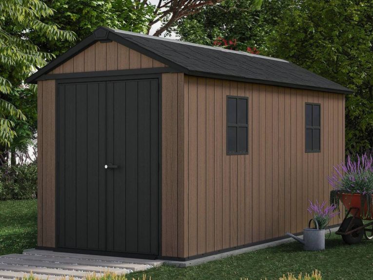 Casetta da Giardino Marrone Nero Resistente Agli Agenti Atmosferici Presenza Finestre 230x413x246h cm, Tetto a due Falde - Ponca