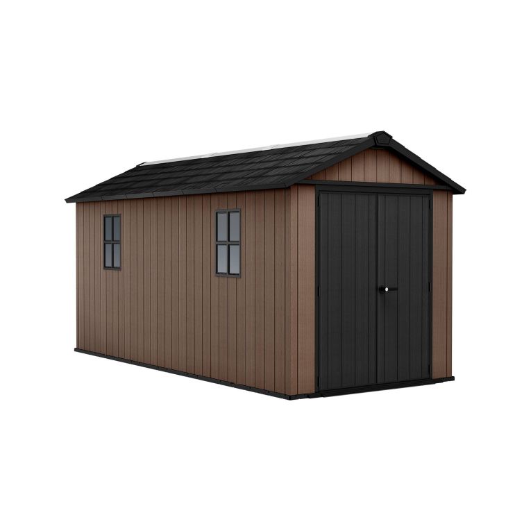 Casetta da Giardino Marrone Nero Resistente Agli Agenti Atmosferici Presenza Finestre 230x476x246h cm, Tetto a due Falde - Kincardine