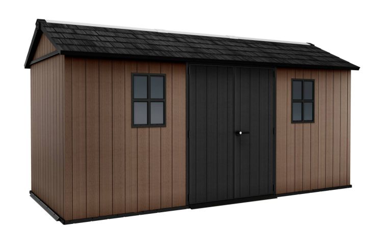 Casetta da Giardino Marrone Nero Resistente Agli Agenti Atmosferici Presenza Finestre 230x476x246h cm, Tetto a due Falde - Kincardine