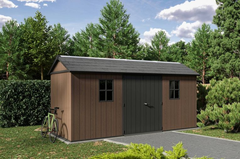 Casetta da Giardino Marrone Nero Resistente Agli Agenti Atmosferici Presenza Finestre 230x476x246h cm, Tetto a due Falde - Kincardine