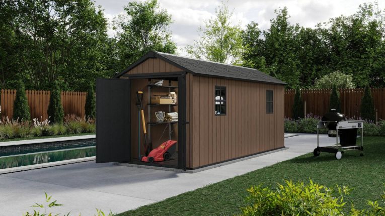 Casetta da Giardino Marrone Nero Resistente Agli Agenti Atmosferici Presenza Finestre 230x476x246h cm, Tetto a due Falde - Kincardine