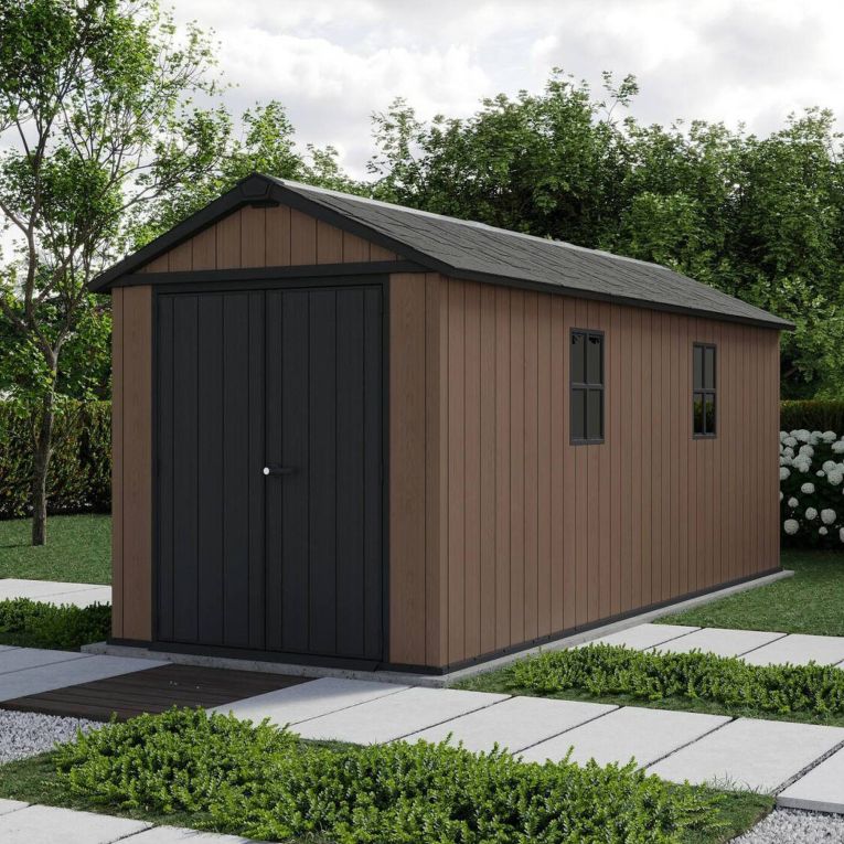 Casetta da Giardino Marrone Nero Resistente Agli Agenti Atmosferici Presenza Finestre 230x539x246h cm, Tetto a due Falde - Roscommon