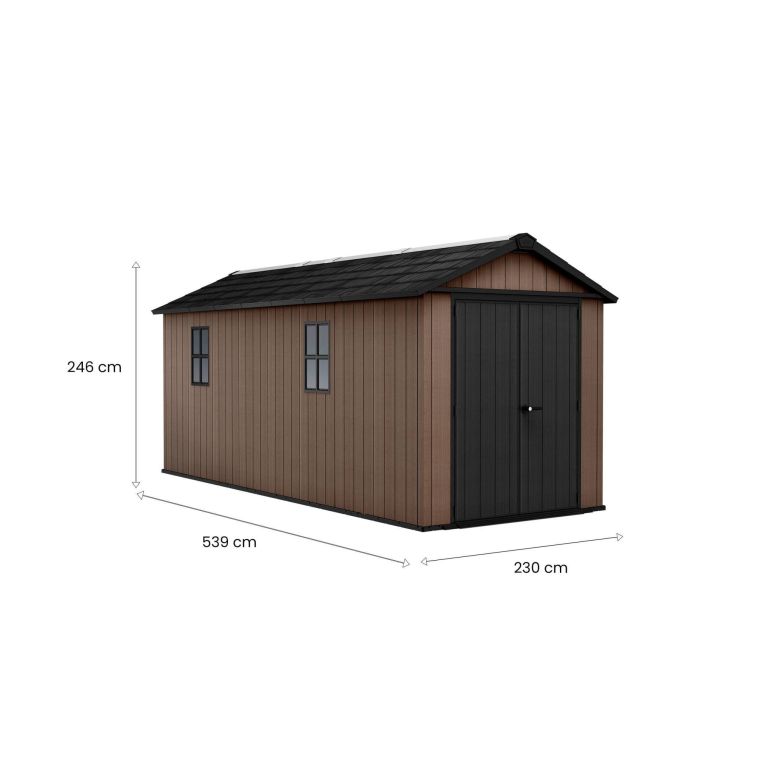 Casetta da Giardino Marrone Nero Resistente Agli Agenti Atmosferici Presenza Finestre 230x539x246h cm, Tetto a due Falde - Roscommon