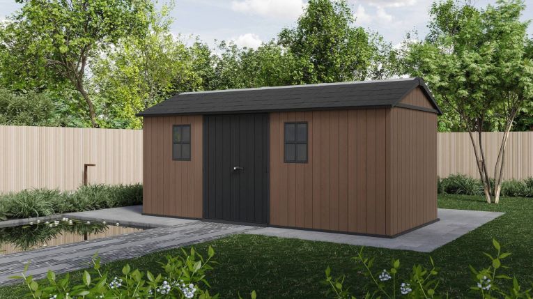 Casetta da Giardino Marrone Nero Resistente Agli Agenti Atmosferici Presenza Finestre 230x539x246h cm, Tetto a due Falde - Roscommon