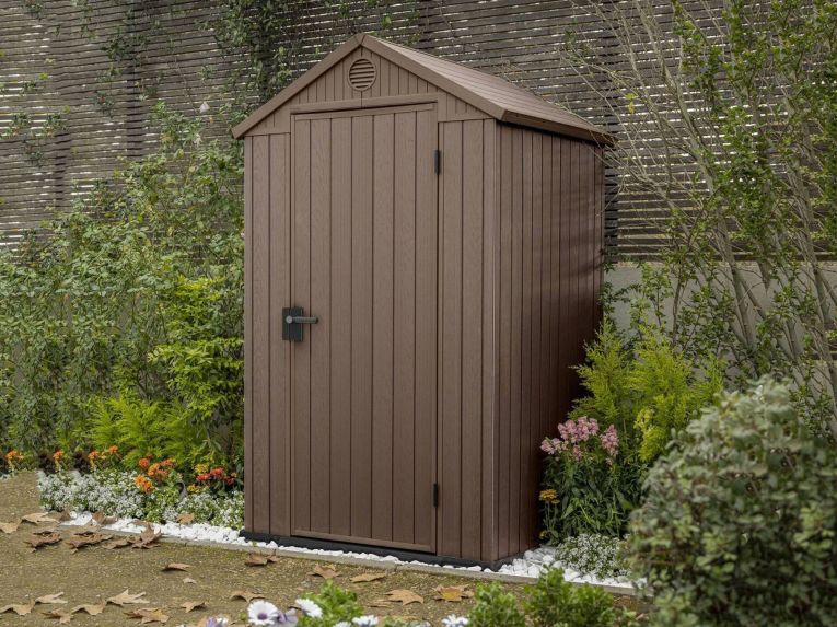 Casetta da Giardino Marrone Nero Resistente Agli Agenti Atmosferici Tetto a due Falde 124x117x205h cm, Materiale Tetto in Plastica - Osoyoos