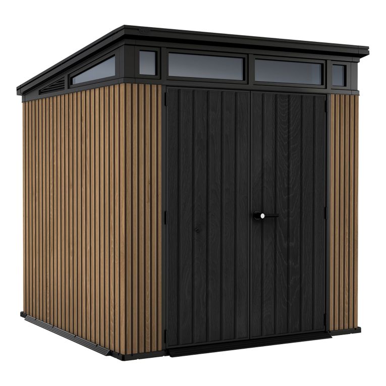 Casetta da Giardino Marrone Noce Nero Lucchettabile, Finitura in Resina Presenza Finestre 214x218x226h cm, Tetto a una Falda - Moorhead