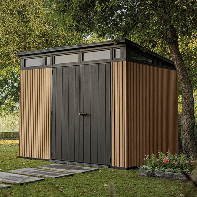 Casetta da Giardino Marrone Noce Nero Lucchettabile, Finitura in Resina Presenza Finestre 277x218x226h cm, Tetto a una Falda - Newberry
