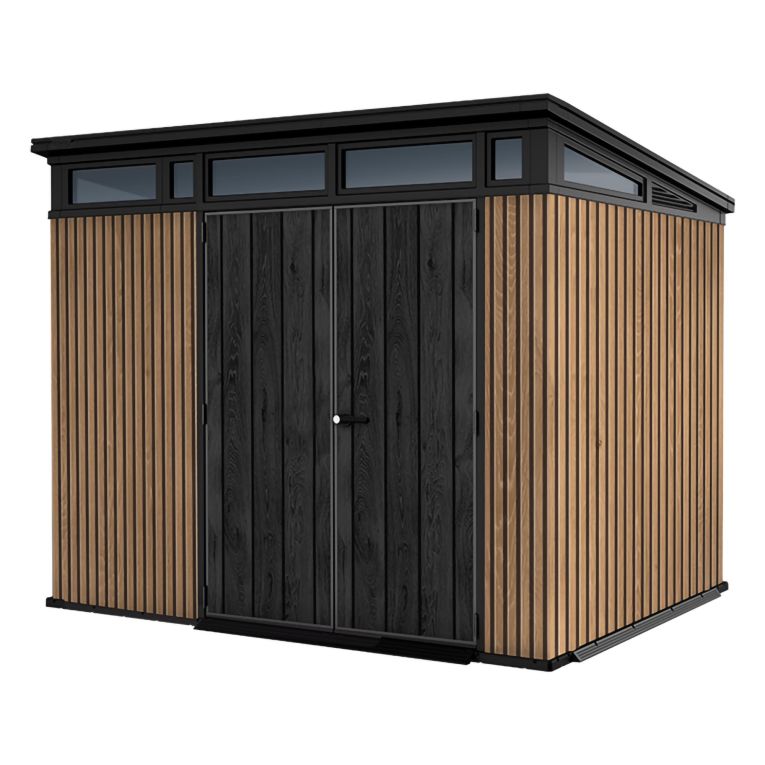 Casetta da Giardino Marrone Noce Nero Lucchettabile, Finitura in Resina Presenza Finestre 277x218x226h cm, Tetto a una Falda - Newberry