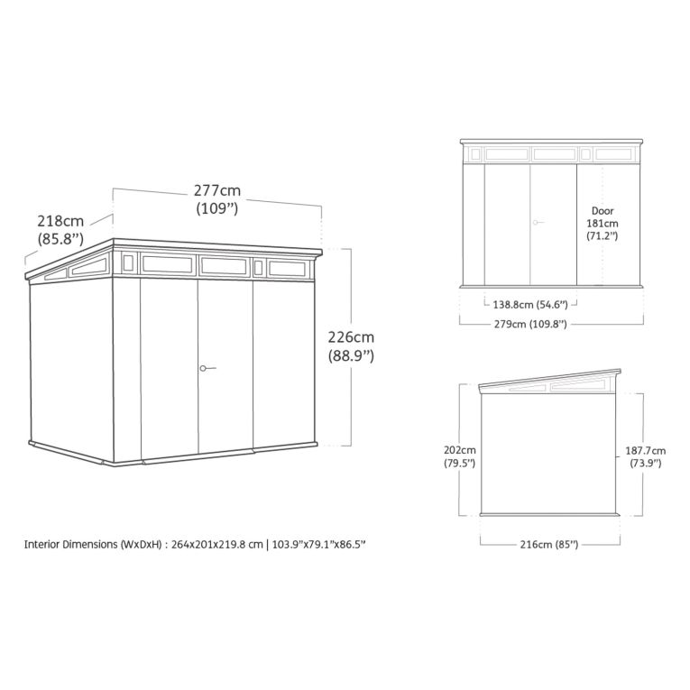 Casetta da Giardino Marrone Noce Nero Lucchettabile, Finitura in Resina Presenza Finestre 277x218x226h cm, Tetto a una Falda - Newberry