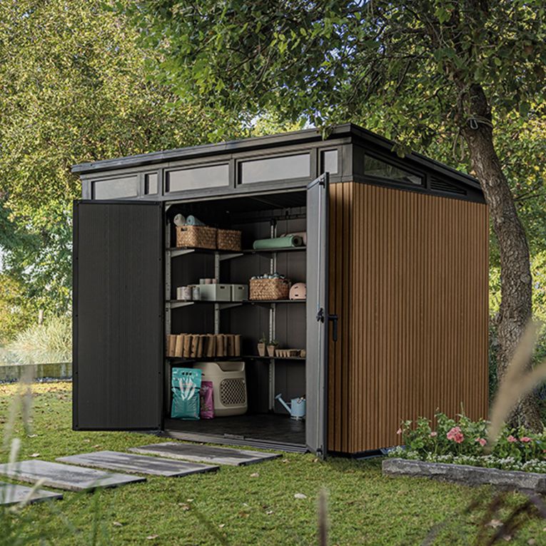 Casetta da Giardino Marrone Noce Nero Lucchettabile, Finitura in Resina Presenza Finestre 277x218x226h cm, Tetto a una Falda - Newberry