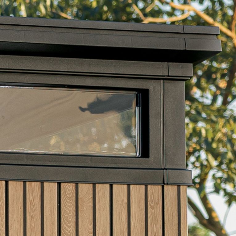 Casetta da Giardino Marrone Noce Nero Lucchettabile, Finitura in Resina Presenza Finestre 277x218x226h cm, Tetto a una Falda - Newberry