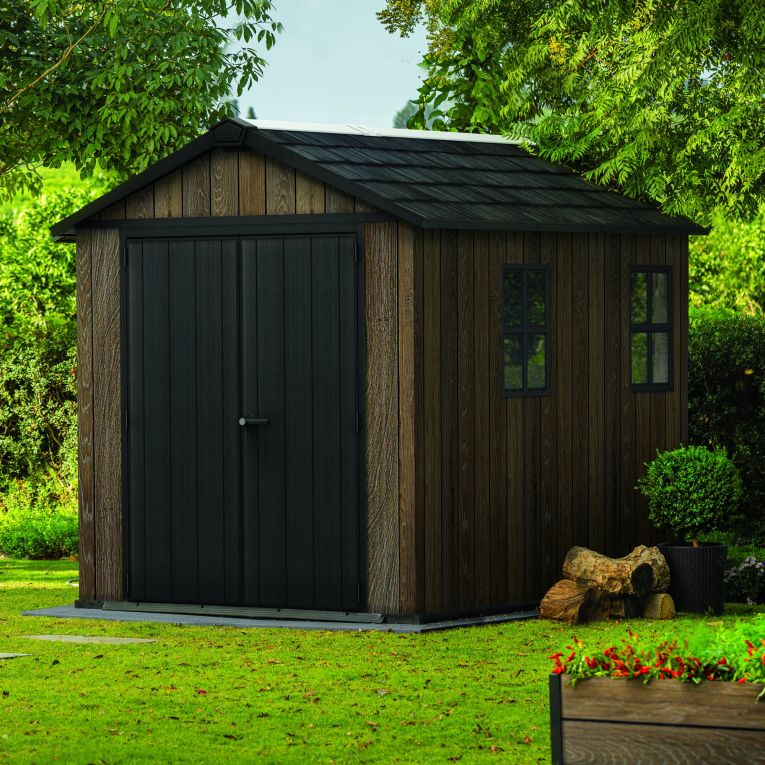 Casetta da Giardino Marrone Noce Nero Lucchettabile, Finitura in Resina Presenza Finestre 287x230x246h cm, Tetto a due Falde - Mayfield
