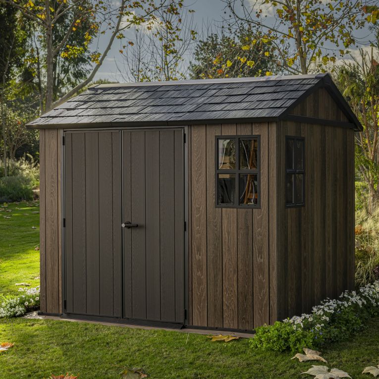 Casetta da Giardino Marrone Noce Nero Lucchettabile, Finitura in Resina Presenza Finestre 287x230x246h cm, Tetto a due Falde - Mayfield