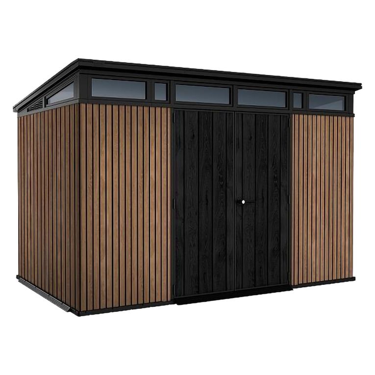 Casetta da Giardino Marrone Noce Nero Lucchettabile, Finitura in Resina Presenza Finestre 340x218x226h cm, Tetto a una Falda - Northfield