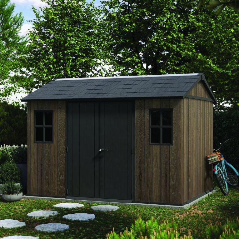 Casetta da Giardino Marrone Noce Nero Lucchettabile, Finitura in Resina Presenza Finestre 350x230x246h cm, Tetto a due Falde - Mcalester
