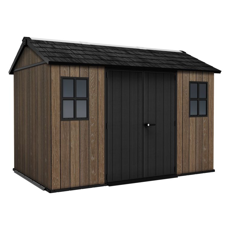 Casetta da Giardino Marrone Noce Nero Lucchettabile, Finitura in Resina Presenza Finestre 350x230x246h cm, Tetto a due Falde - Mcalester