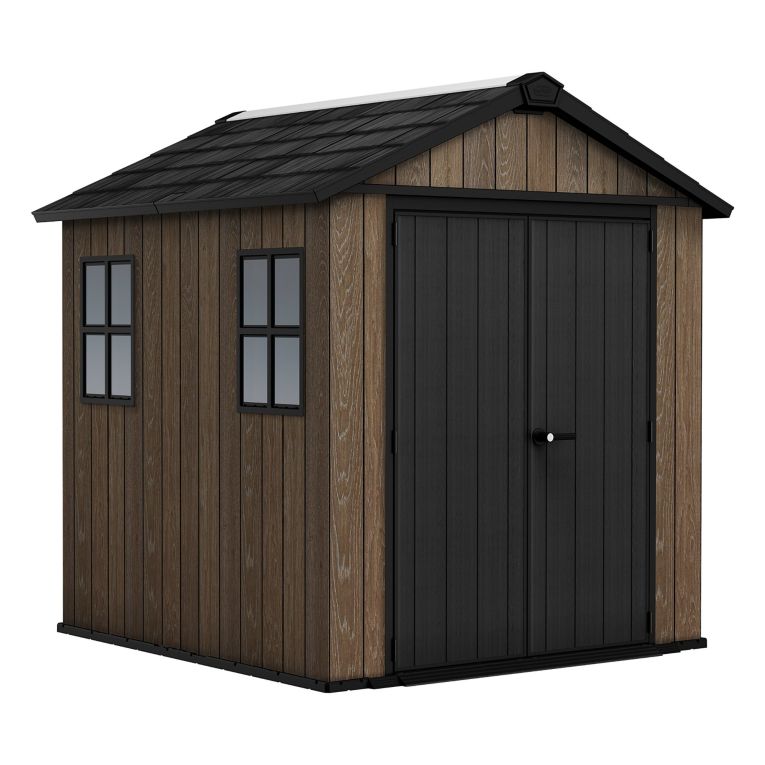 Casetta da Giardino Marrone Noce Nero Pavimento Rialzato, Modulabile, Lucchettabile Presenza Finestre 224x230x246h cm, Tetto a due Falde - Mattoon