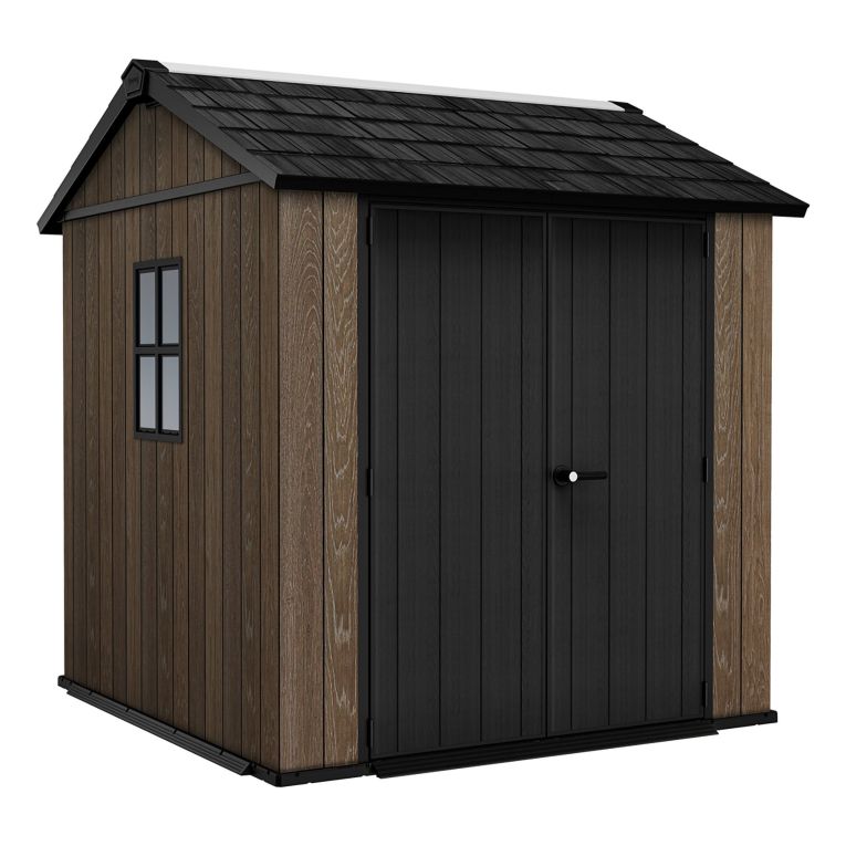 Casetta da Giardino Marrone Noce Nero Pavimento Rialzato, Modulabile, Lucchettabile Presenza Finestre 224x230x246h cm, Tetto a due Falde - Mattoon