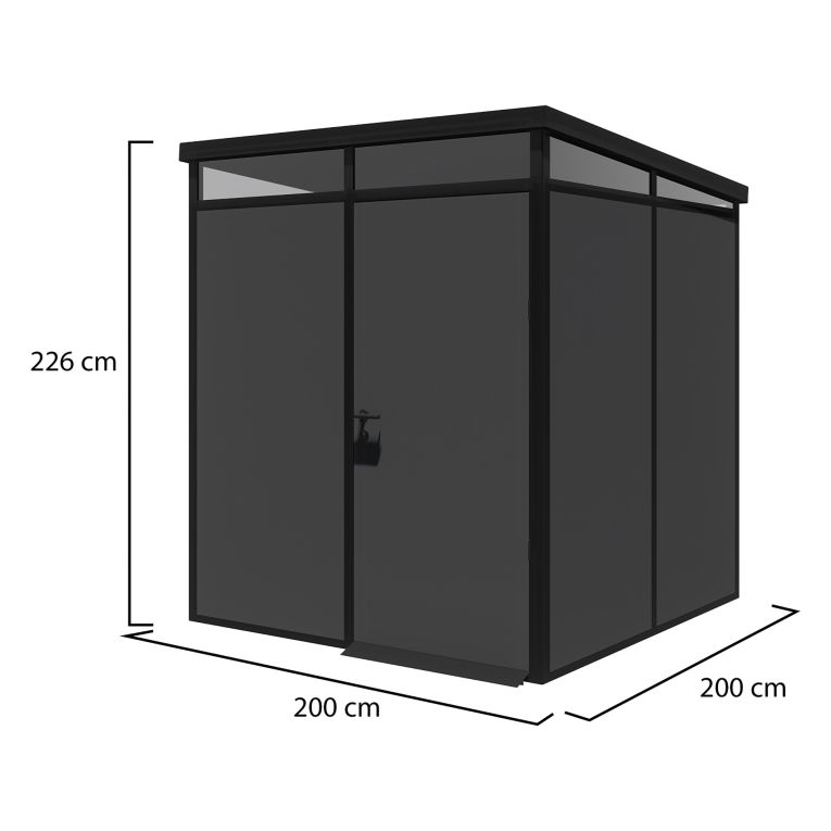 Casetta da Giardino Nero Antracite Nero Pavimento Antiscivolo, con Lucernario, Modulabile Componibile Tetto 1 Falda 200x200x226h cm, Made in Italy