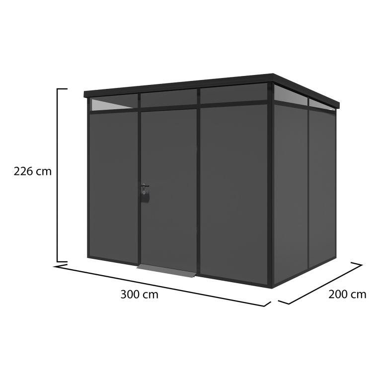 Casetta da Giardino Nero Antracite Nero Pavimento Antiscivolo, con Lucernario, Modulabile Componibile Tetto 1 Falda 300x200x226h cm, Made in Italy