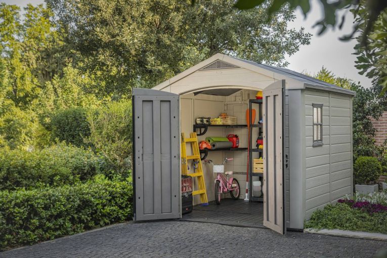 Casetta da giardino Ronsecco, Capanno da esterno, Rimessa da giardino, Ripostiglio per attrezzi, 257x255 h243 cm, Beige