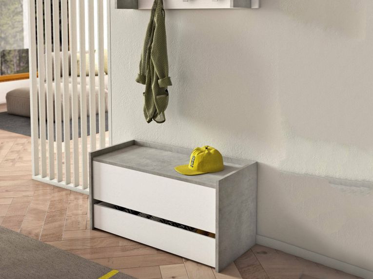Cassapanca con scarpiera da ingresso 90x40x46h cm bianca e cemento - Sogno