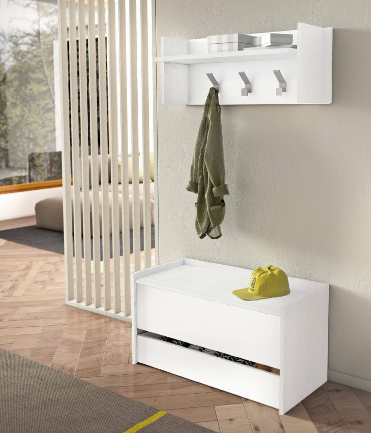 Cassapanca Lantana, Mobile da ingresso moderno con scarpiera, Cassapanca baule con due contenitori, 100% Made in Italy, 90x40h46 cm, Bianco