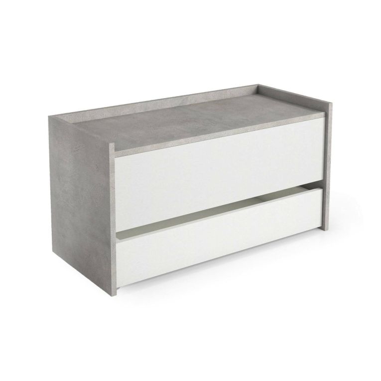 Cassapanca Lantana, Mobile da ingresso moderno con scarpiera, Cassapanca baule con due contenitori, 100% Made in Italy, 90x40h46 cm, Bianco e Cemento