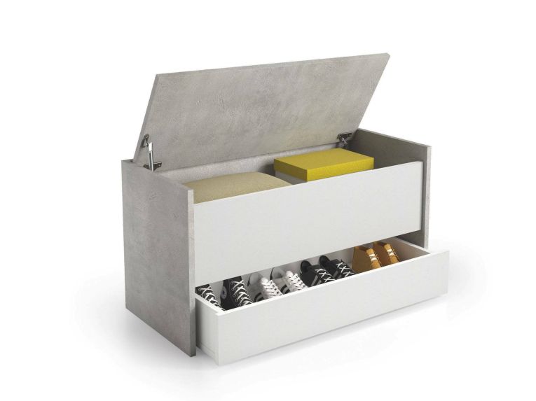Cassapanca Lantana, Mobile da ingresso moderno con scarpiera, Cassapanca baule con due contenitori, 100% Made in Italy, 90x40h46 cm, Bianco e Cemento