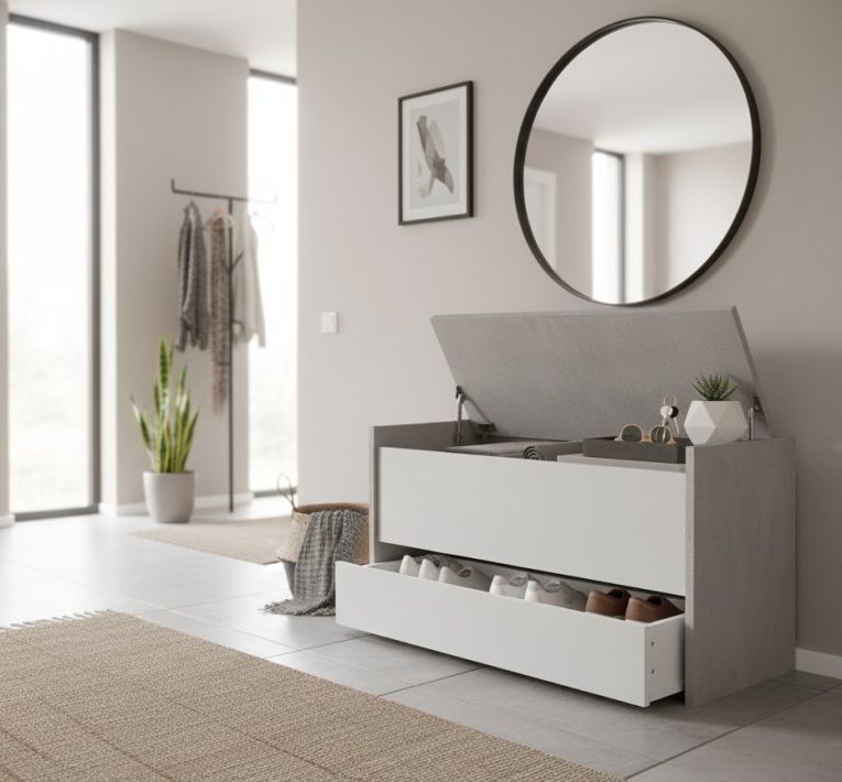 Cassapanca Lantana, Mobile da ingresso moderno con scarpiera, Cassapanca baule con due contenitori, 100% Made in Italy, 90x40h46 cm, Bianco e Cemento