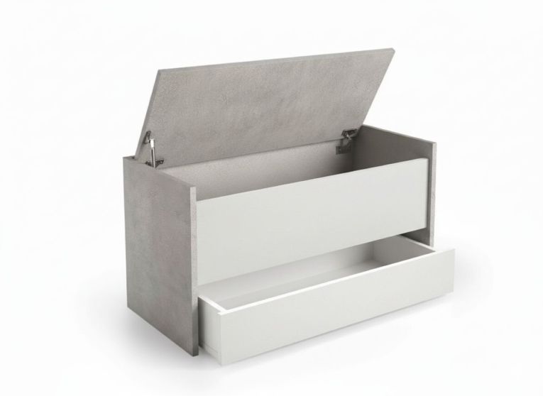 Cassapanca Lantana, Mobile da ingresso moderno con scarpiera, Cassapanca baule con due contenitori, 100% Made in Italy, 90x40h46 cm, Bianco e Cemento