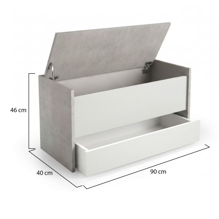Cassapanca Lantana, Mobile da ingresso moderno con scarpiera, Cassapanca baule con due contenitori, 100% Made in Italy, 90x40h46 cm, Bianco e Cemento