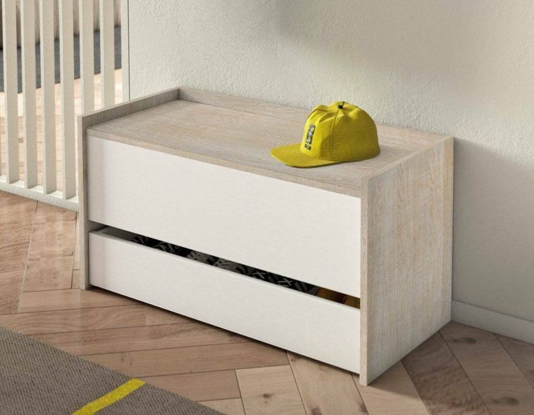 Cassapanca Lantana, Mobile da ingresso moderno con scarpiera, Cassapanca baule con due contenitori, 100% Made in Italy, 90x40h46 cm, Bianco e Rovere