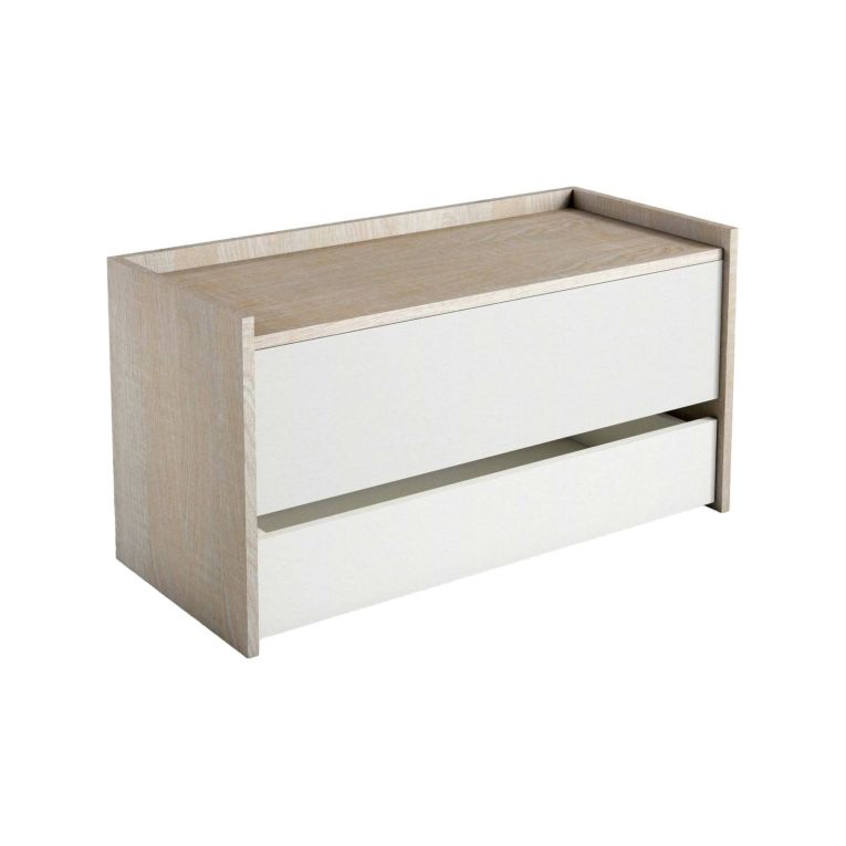 Cassapanca Lantana, Mobile da ingresso moderno con scarpiera, Cassapanca baule con due contenitori, 100% Made in Italy, 90x40h46 cm, Bianco e Rovere