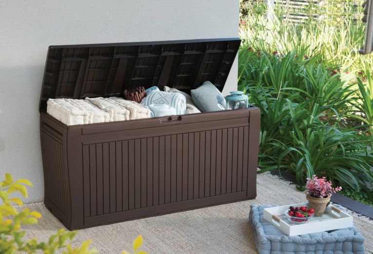 Cassapanca outdoor Cotronei, Baule da giardino, Contenitore da esterno, Panchina contenitore da esterno, 117x45 h57 cm, Marrone