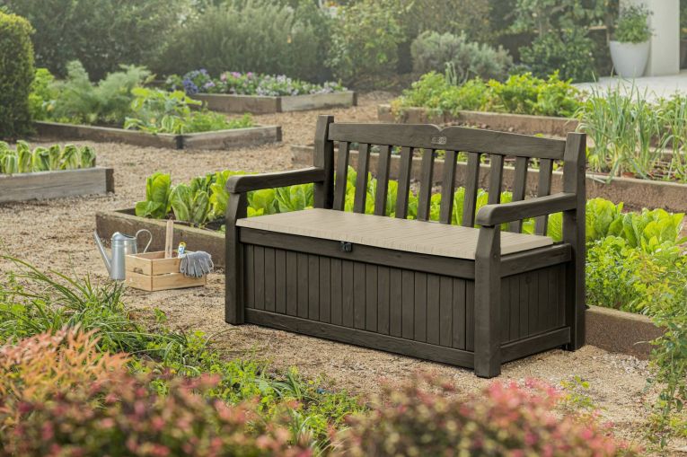 Cassapanca outdoor Cuglieri, Baule da giardino, Contenitore da esterno, Panchina contenitore da esterno, 140x60 h84 cm, Marrone e Beige