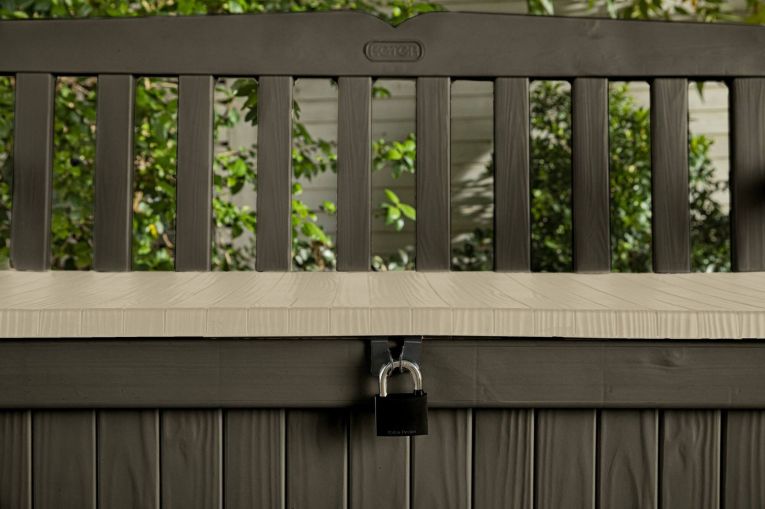 Cassapanca outdoor Cuglieri, Baule da giardino, Contenitore da esterno, Panchina contenitore da esterno, 140x60 h84 cm, Marrone e Beige