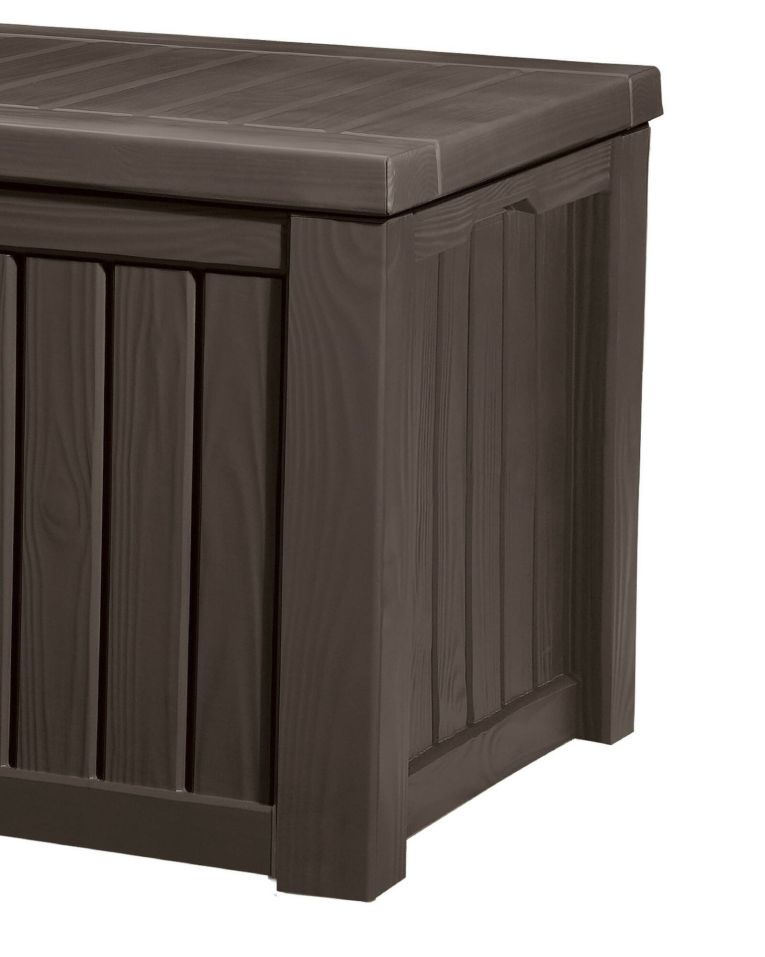 Cassapanca outdoor Nurachi, Baule da giardino, Contenitore da esterno, Panchina contenitore da esterno, 155x72 h64 cm, Marrone
