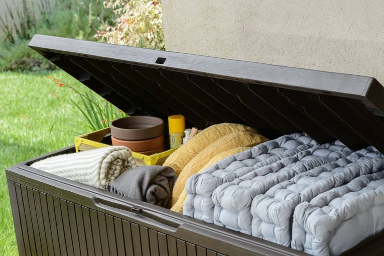 Cassapanca outdoor Tammaro, Baule da giardino, Contenitore da esterno, Panchina contenitore da esterno, 123x54 h57 cm, Marrone